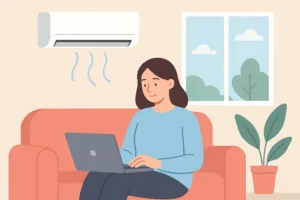 wall mounted air conditioning unit in room with female working on laptop