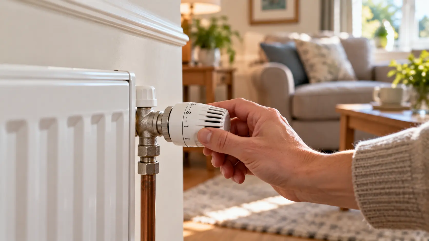 homeowner adjusting a thermostatic radiator valve